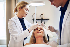 Two young doctors discussing a cosmetic surgery procedure on the face of a mature woman lying on a table in a clinic